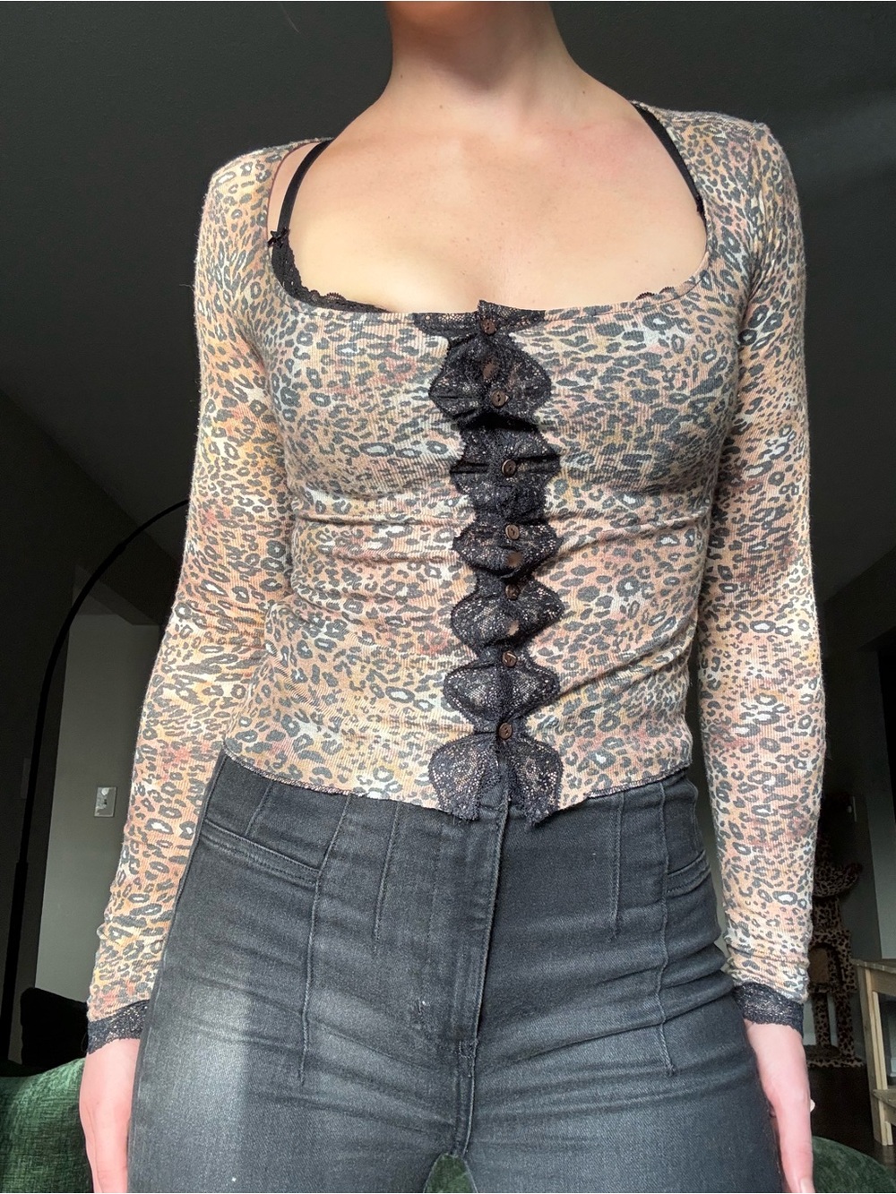 NWOT Free People Intimates Cheetah / Leopard Print Button Long-Sleeve